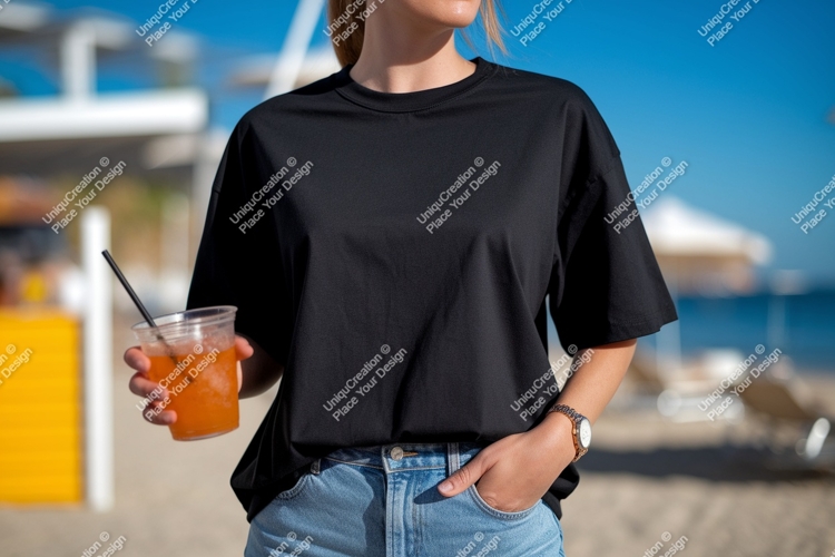 Black t shirt mockup beach drink image