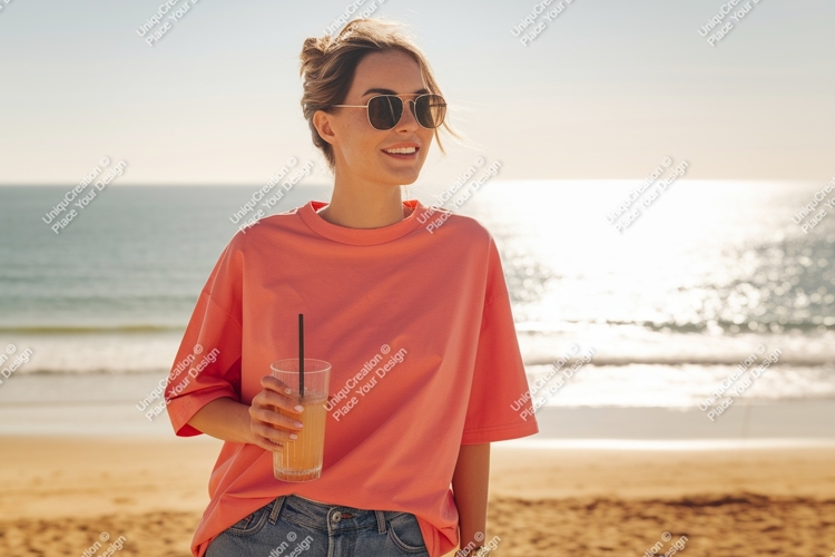 Woman holding drink on beach ocean sand