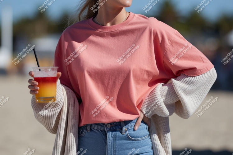 Coral shirt denim jeans cardigan drink image