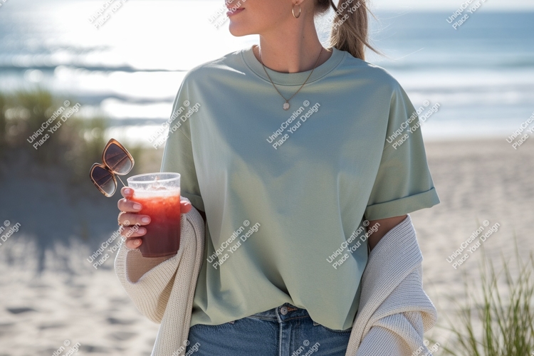 Woman holding drink sunglasses beach image