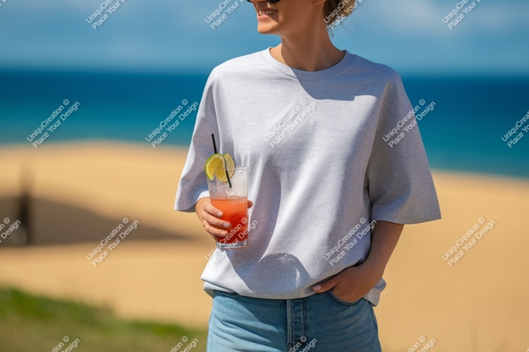 Woman holding refreshing drink on beach summer ocean
