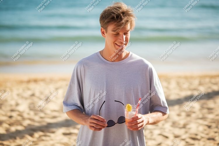 Young man holding drink and sunglasses on beach summer