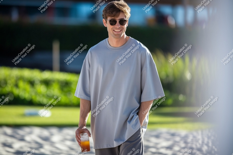 Man wearing casual grey t shirt and sunglasses holding drink