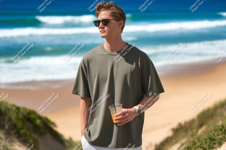 Man wearing olive t shirt holding drink image