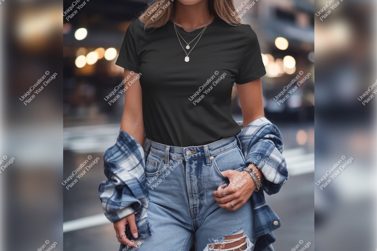 Woman Wearing Black Tshirt Mockup Outdoors