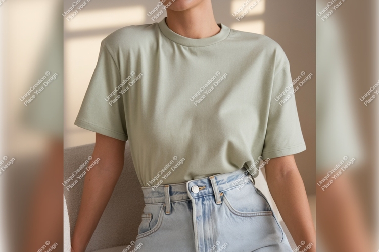 Woman Wearing Light Green Tshirt Mockup Jeans