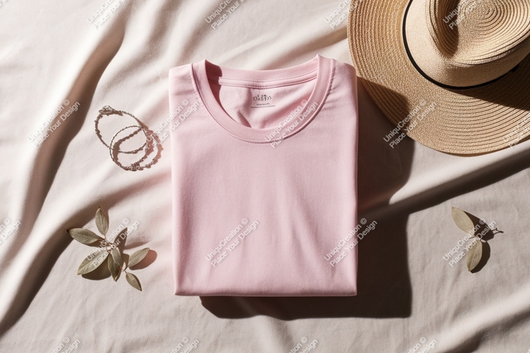 Folded pink t-shirt with straw hat and jewelry