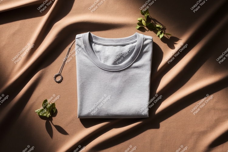 Folded grey t shirt with necklace and leaves Mockup example image 1