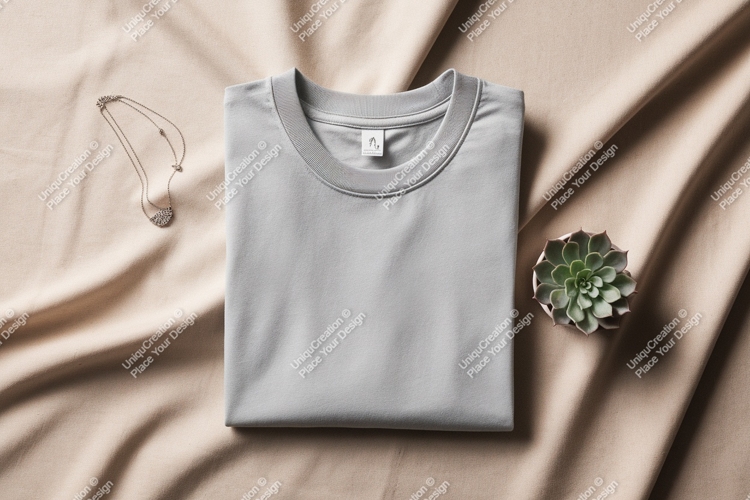 Folded grey t shirt with necklace and succulent image