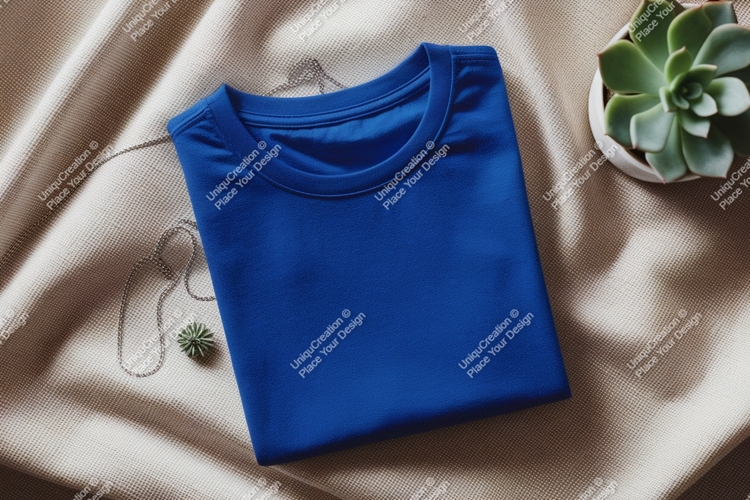 Folded blue t-shirt with succulent and necklace