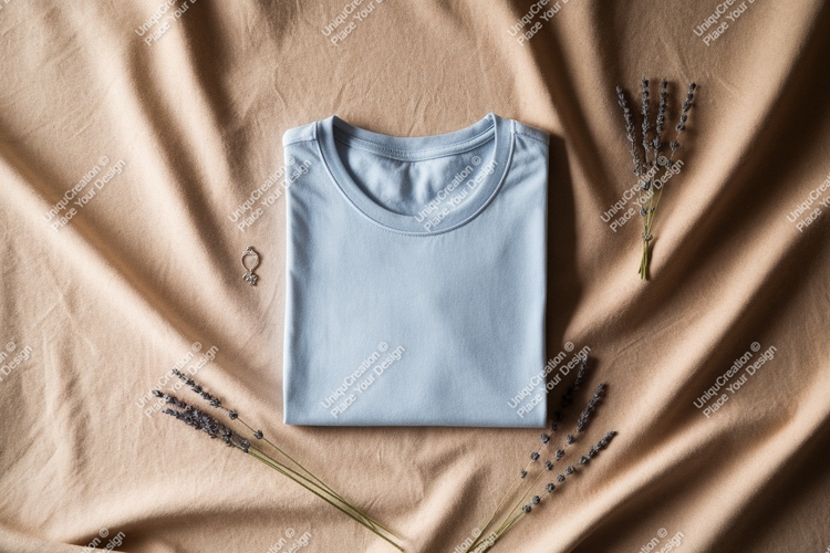Folded light blue t-shirt with lavender and jewelry