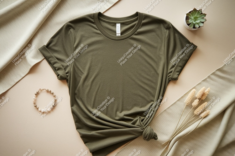 Olive green t shirt mockup with accessories image