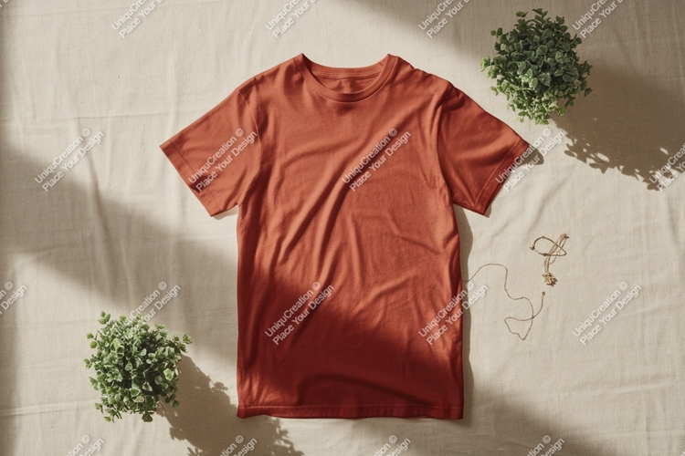 Terracotta t shirt with green plants and gold necklace example image 1