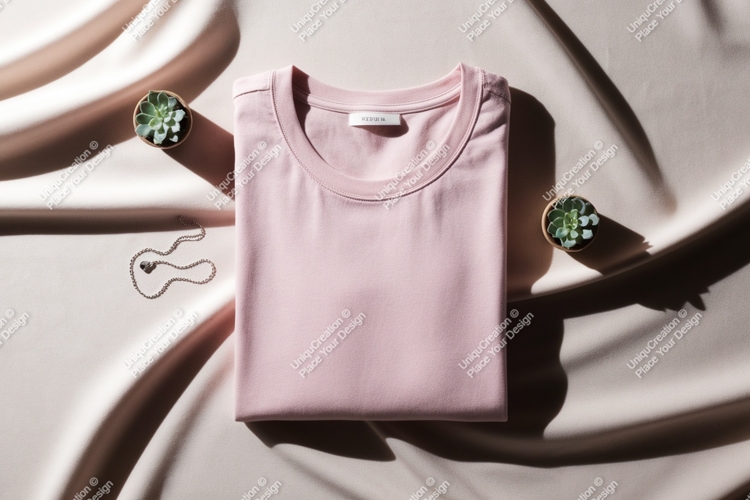 Pink t shirt with necklace and plants mockup example image 1