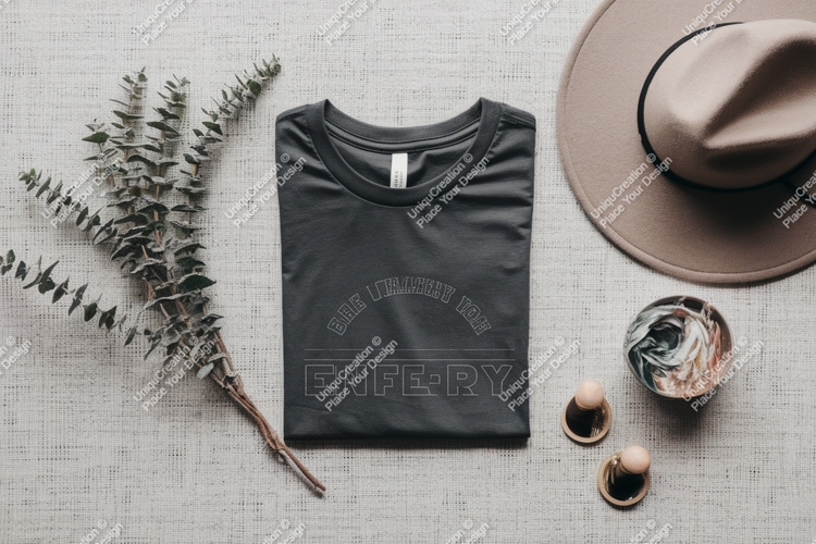 Dark gray t shirt with text and hat image