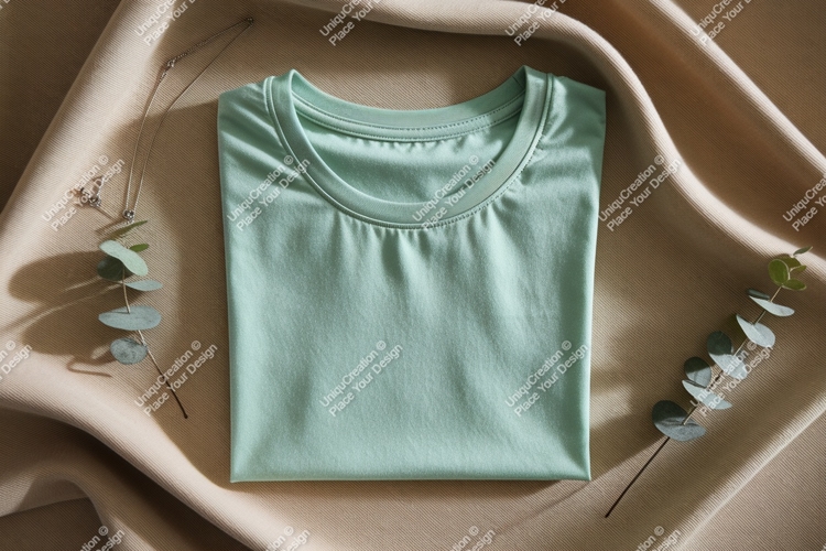 Mint green t shirt with necklace and eucalyptus image