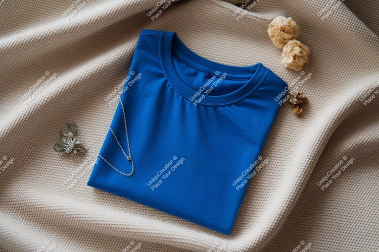 Blue shirt with jewelry on textured fabric necklace