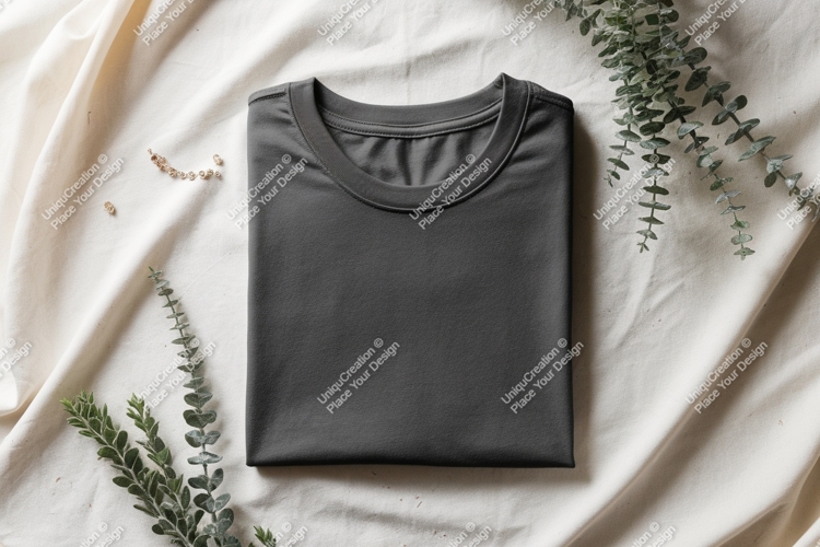 Dark gray folded t shirt with greenery image