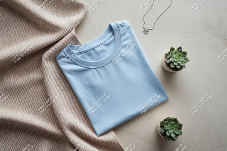 Light blue t shirt neutral blanket necklace succulents