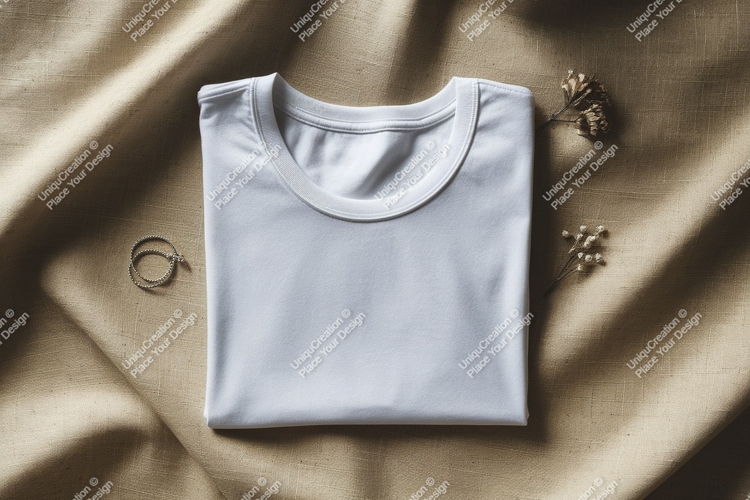 White t shirt mockup with dried flowers and bracelet