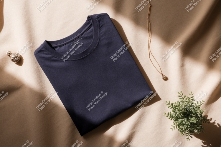 Navy blue t shirt gold necklace small plant image