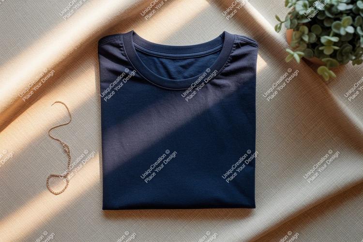 Dark blue t shirt gold necklace plant mockup