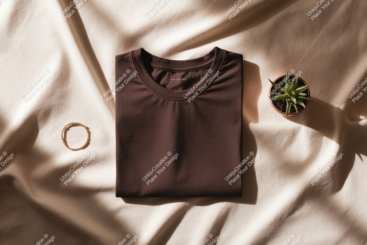 Folded brown t shirt with plant and jewelry image