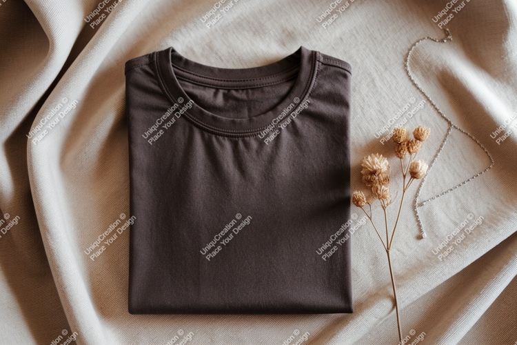Dark brown t shirt and dried flowers mockup clothing