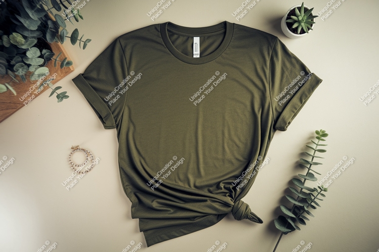 Olive green t shirt mockup with plants and jewelry