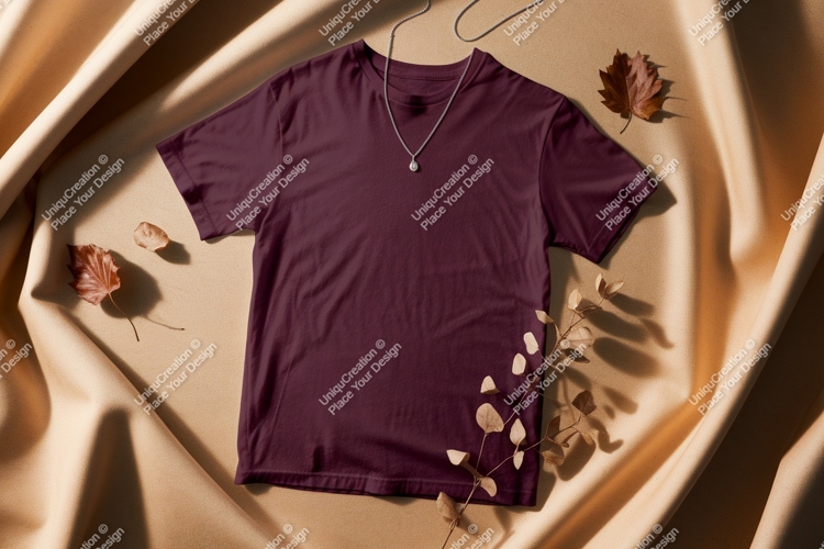 Maroon t shirt with necklace and autumn leaves mockup