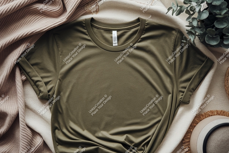 Olive green t shirt mockup with cozy textures image example image 1