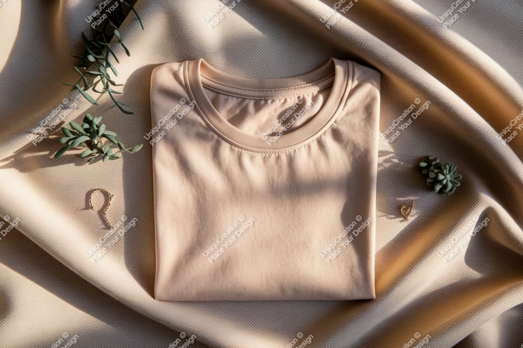 Folded beige t-shirt with jewelry and plants example image 1