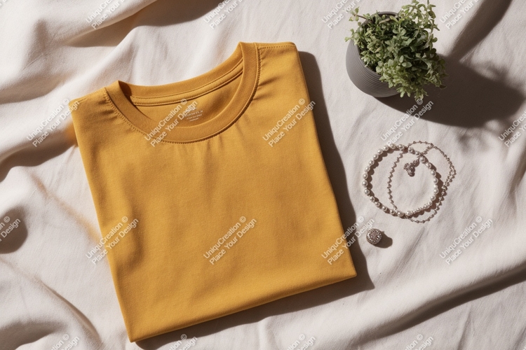 Mustard yellow t shirt pearl jewelry image