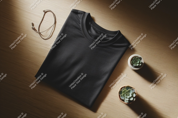 Black folded t shirt with succulent plants and necklace