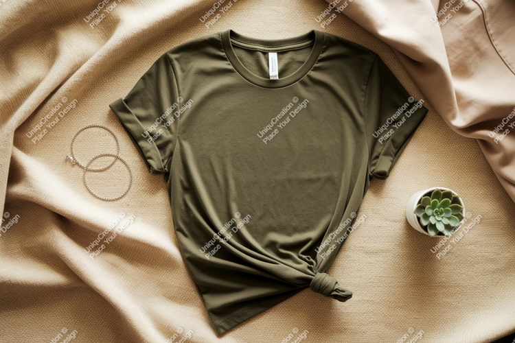 Olive green t shirt mockup with accessories image
