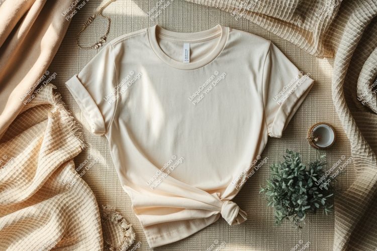 Cream t shirt draped with necklace and plant clothing example image 1
