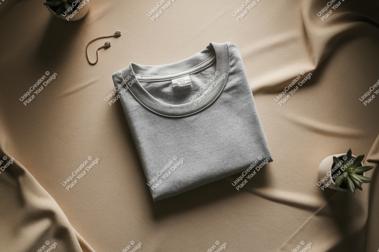 Folded grey t shirt with jewelry and plants image