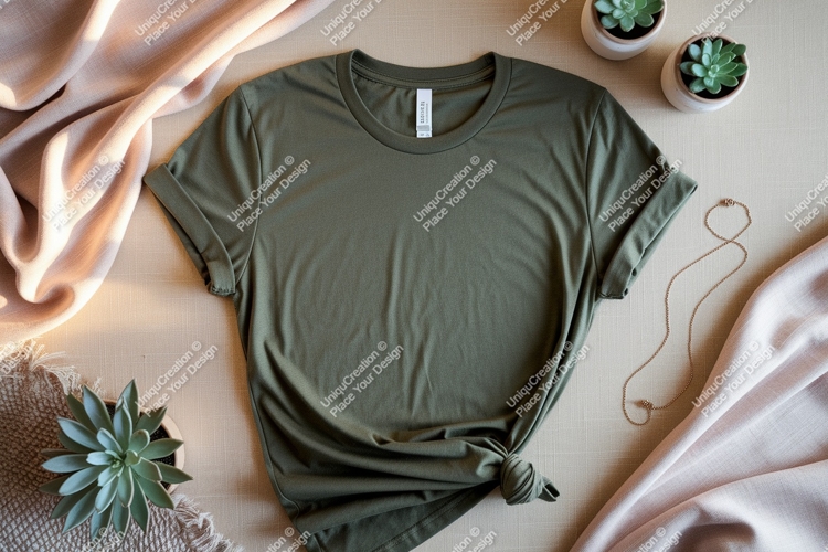 Olive green t shirt mockup with plants image