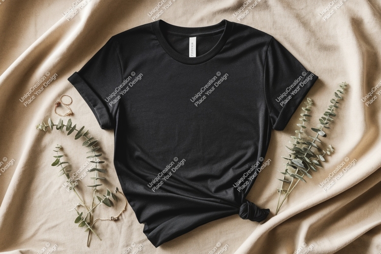 Black t shirt with eucalyptus and jewelry mockup clothing