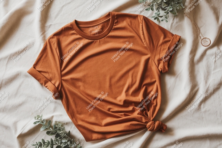 Orange t shirt mockup with foliage and necklace fabric