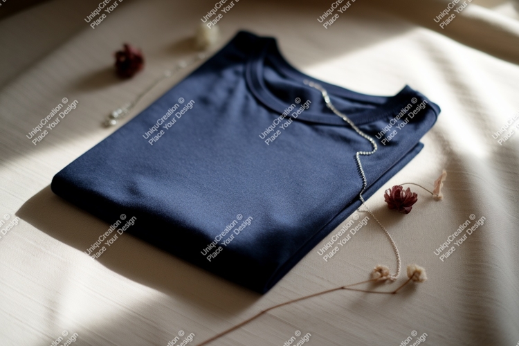 Dark blue t shirt with silver necklace and dried flowers