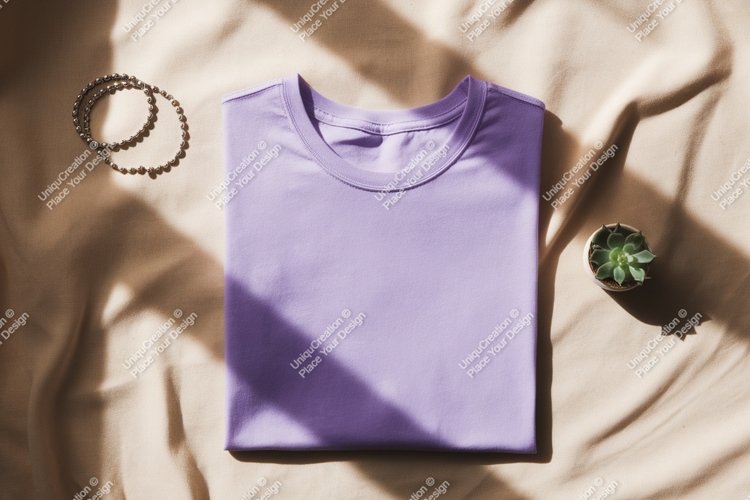 Lavender shirt mockup with plant and jewelry image