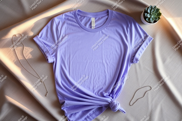 Purple t shirt with jewelry and plant mockup clothing