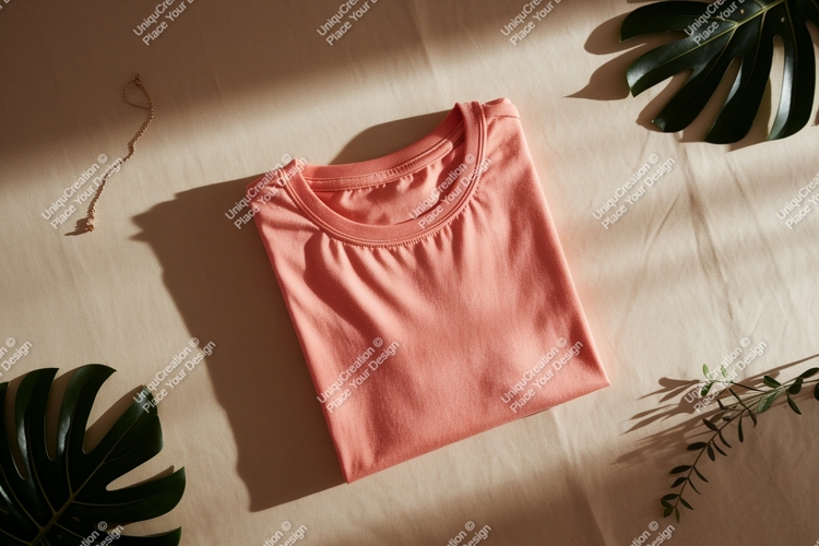 Coral t-shirt with necklace and foliage folded gold