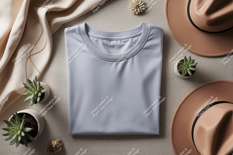 Light blue t shirt with hats and plants mockup