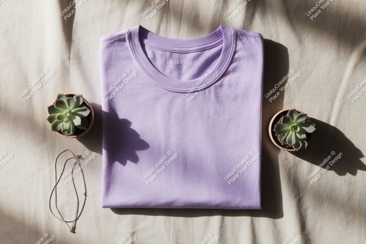 Folded lavender t shirt with plants and necklace mockup
