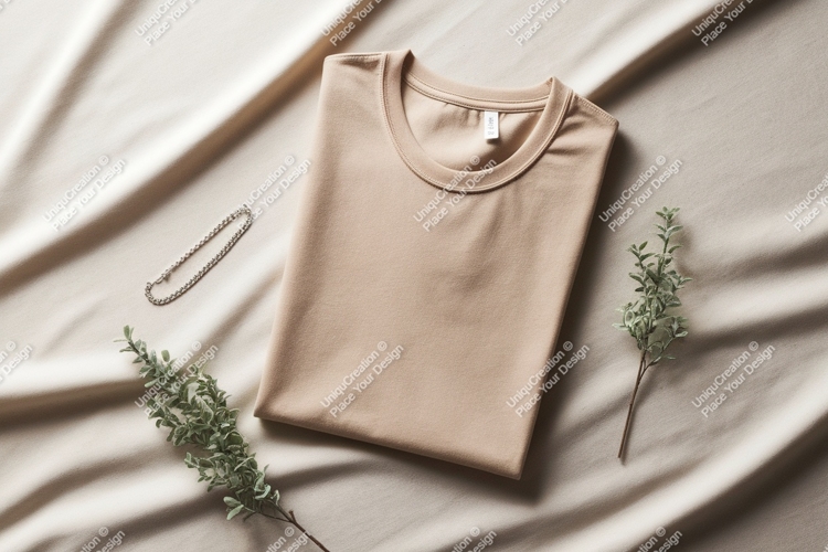 Folded beige t shirt with silver bracelet and greenery