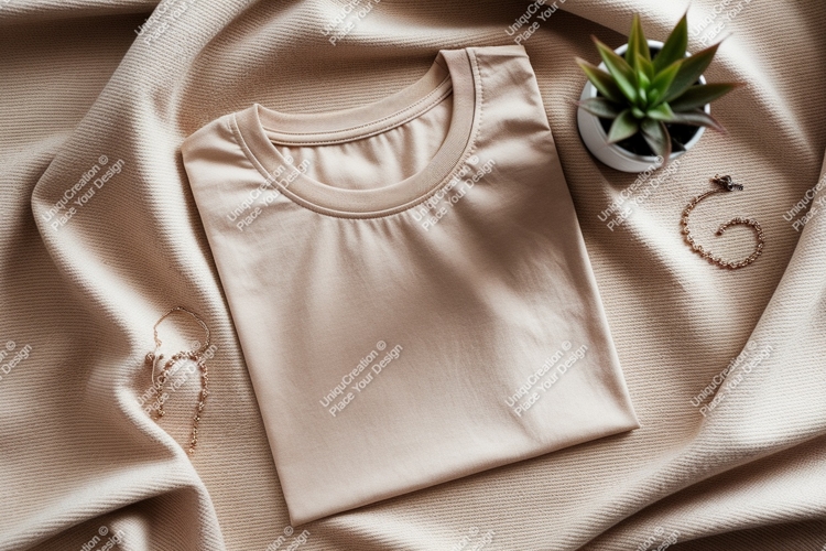 Beige t shirt jewelry plant mockup clothing