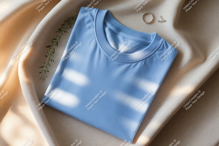 Blue t shirt folded on textured fabric image