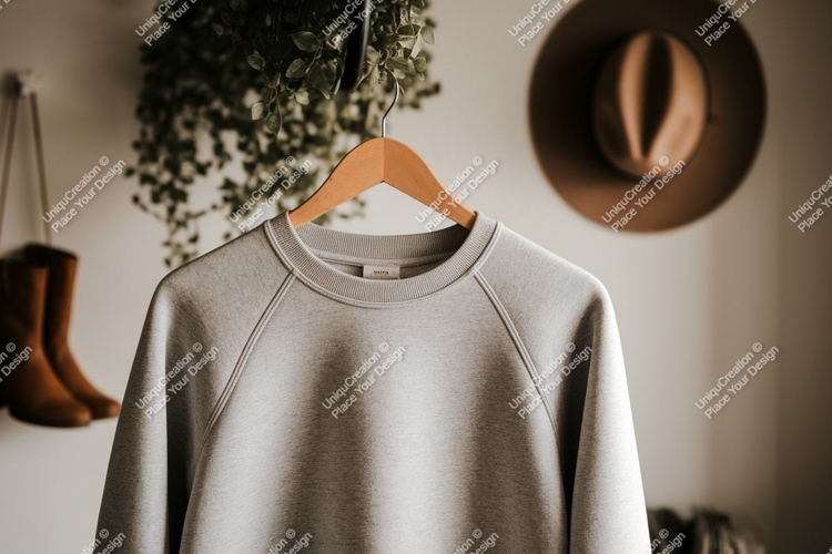 Grey sweatshirt hanging on wooden hanger raglan sleeves